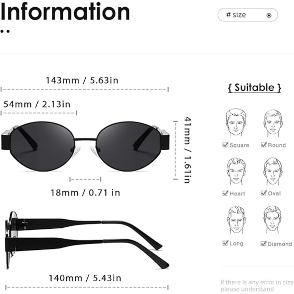 Retro Metal Frame Solbriller Ovale Solbriller Fashion Solbriller Alsidige Klassiske Tone UV400 Beskyttelse til Kvinder og Mænd Black/Grey