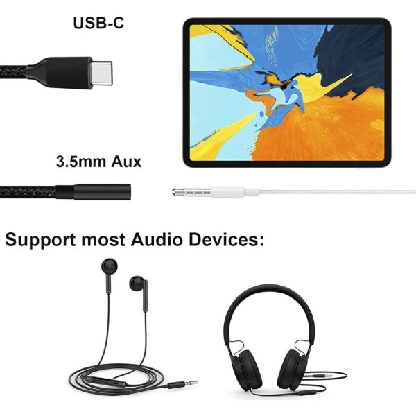 USB C -kuulokeadapteri, USB C - 3,5 mm:n liitäntäadapteri Type C Aux -adapteri Hi-Fi DAC -siru Yhteensopiva Galaxy S20:n kanssa (musta)