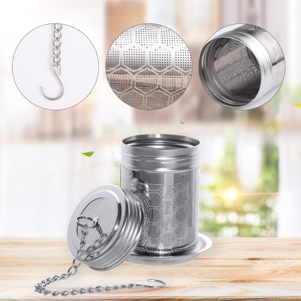 Te-infuser til løs te, te-si i rustfrit stål, te-blad-infuser, fintmasket te-filter med låg, kæde, krog og drypbakke