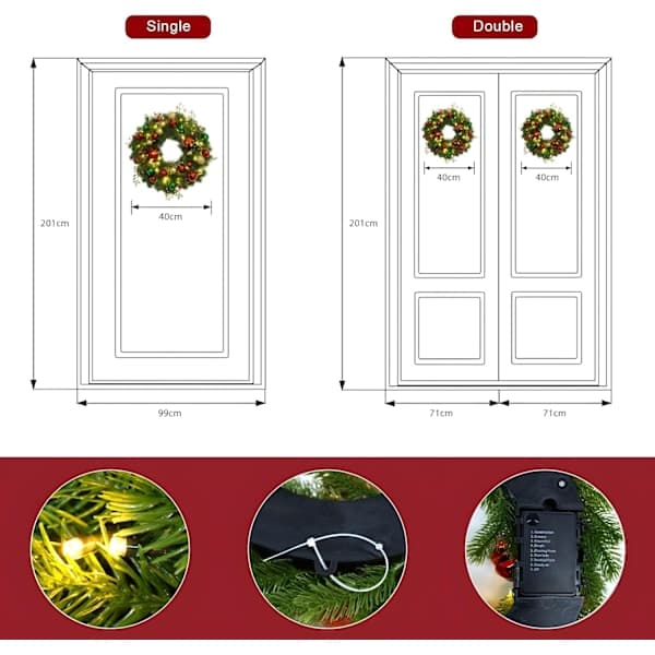 40 cm Julekrans med Lys Julekrans Lys Batteridrevet med Timer 8 Moduser Lysende Julekrans