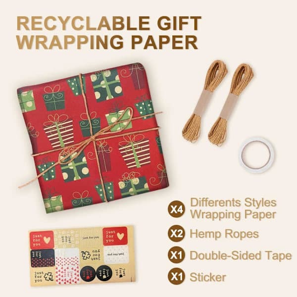 Julklappspapper, 4 st Födelsedagspapper Återvinningsbart Presentpapper med 2 Rep, 1 Dubbelhäftande Tejp, Brunt Julklappspapper