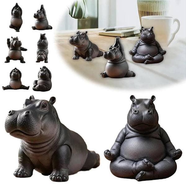 Yoga Master Flodhest Statue Håndlaget Resin Flodhest Figur A6
