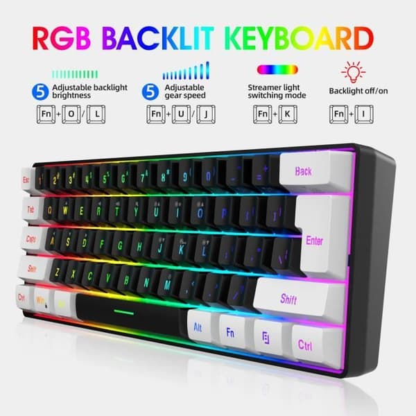Kablet tastatur - CHANGM - 61 taster - Programmerbar RGB - Bakgrunnsbelyst - Spillmus-kombinasjon