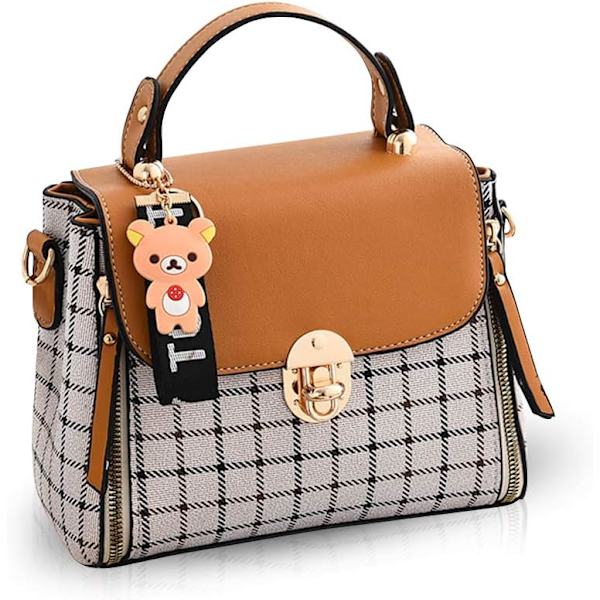 Kvinnor Handväskor Söta Crossbody Väska för Flickor Galler Axelväskor PU Läder Messenger Väska Top-Handle Väska med Flik Brun