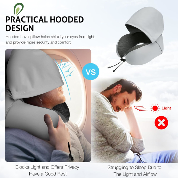 Travel Pillow for Neck Memory Foam, Hooded Travel Neck Pillow for Adults, Comfortable Neck Pillow for Travel with Hoodie