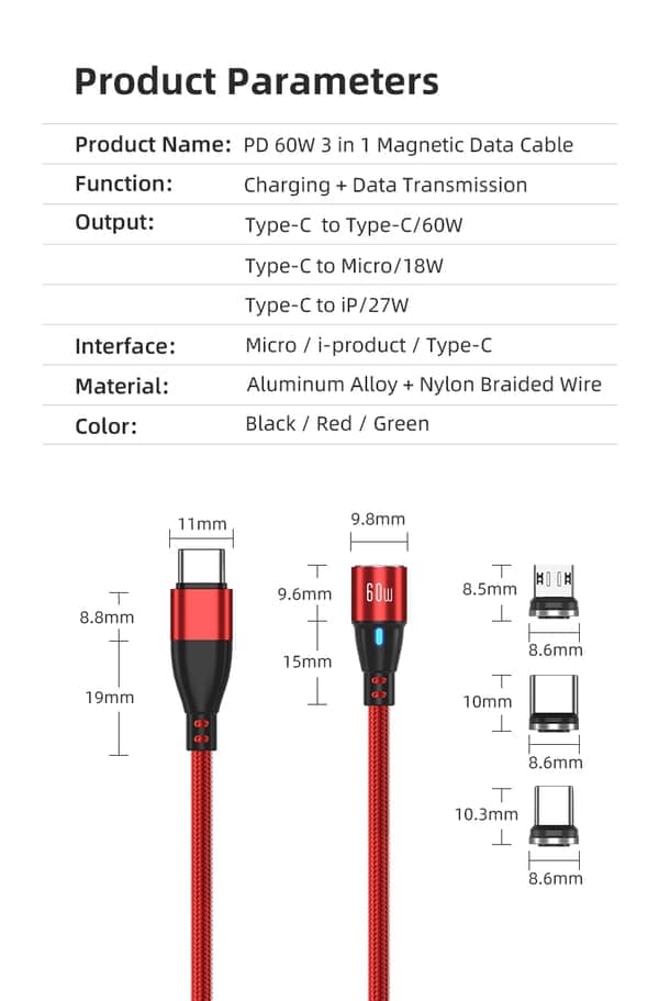2-pakning USB-C 2m 3-i-1 Magnetisk Ladekabel 60W Hurtiglading Svart