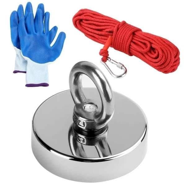 Neodymiummagnet, fiskemagnet 150 kg, 10 meter rep & skyddshandskar silver