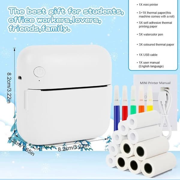 Comuis Sharp Mini Bärbar Fotoskrivare, Trådlös Bluetooth Termoskrivare med 10 Rullar Termopapper