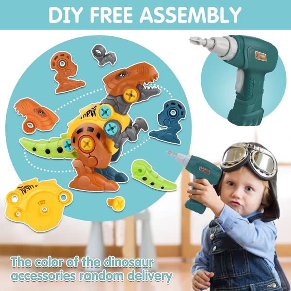 Demonter dinosaureleker for barn med oppbevaringsboks Elektrisk drill DIY Kit Pedagogiske STEM-gaver til gutter, jenter
