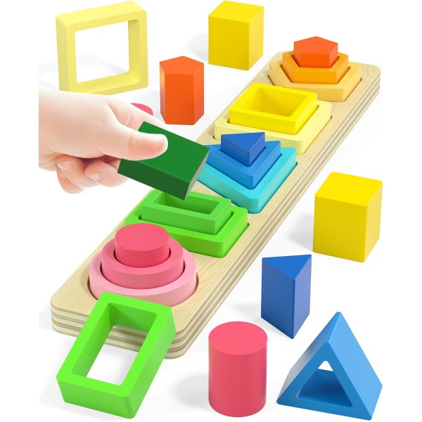 Form Sorter i tre - Leketøy i tre for barn 1-3 år - Ringpuslespillgave for småbarn