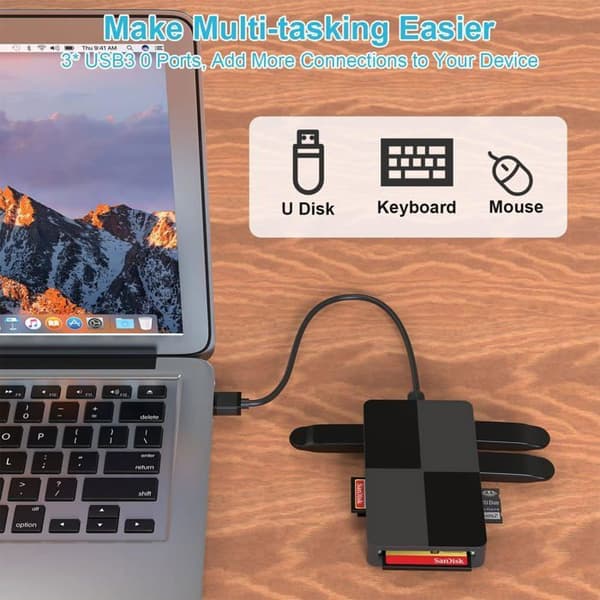 8-i-1 USB 3.0 minneskortläsare, USB A till SD-adapter, SD, Micro SD, MS, CF-kortläsare med 3 USB 3.0-portar