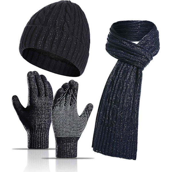 Hatt, Halsduk och Vantar Set för Kvinnor & Män 3 i 1 Vintermössa Halsvärmare Touchscreen Vantar Stickad Set,hw Navy Blue