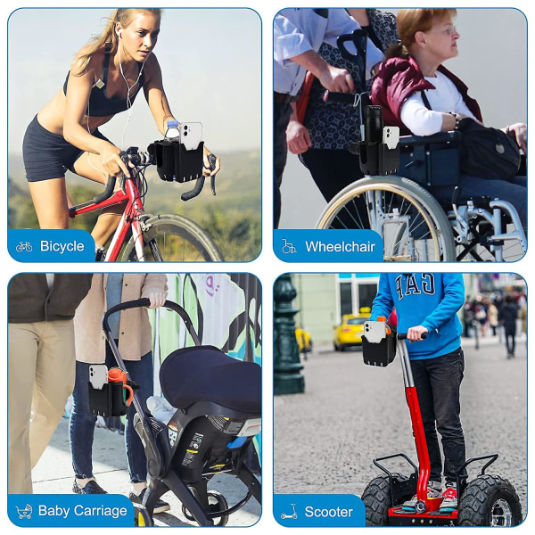 2-i-1 barnevogn koppholder med telefonholder, universell kopp telefonholder for barnevogn, sykkel, rullestol, rullator, scooter, svart