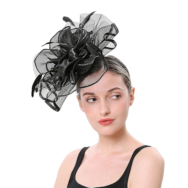 Fascinator Hatt Blomst Mesh Bånd Fjær på Hårbøyle og Klemme Teselskap Hodeplagg for Jenter og Kvinner Red