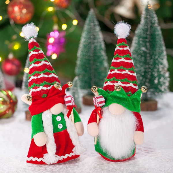 Dværgdukker til juledekoration Pakke med 2 søde julemandsnisser - Plys julepynt, luksus legetøj til boligindretning - 1 mandlig/1 kvindelig nisse