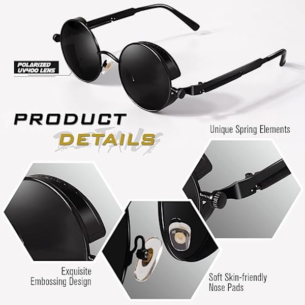 Retro Pyöreä Ympyrä Polarisoitu Steampunk Aurinkolasit Miehille Naisille UV-suoja Black