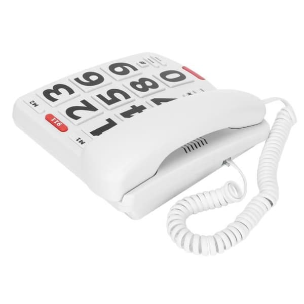 Fastnettelefon med store knapper: En kablet fastnettelefon med store, letlæselige knapper og ringetoner.