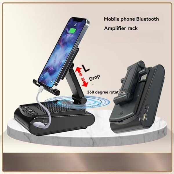 3-i-1 multifunktionellt roterbart och hopfällbart skrivbordsstativ för mobiltelefon, med inbyggd Bluetooth-högtalare