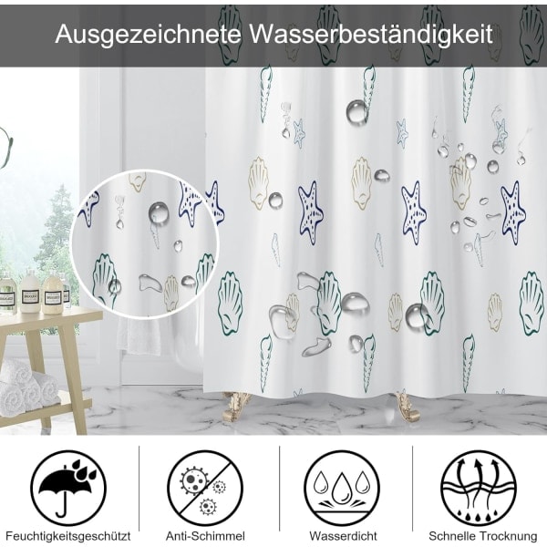Bruseforhæng 180x200cm Hvid Havskaller Vandtæt Anti-Mould Bruseforhæng Polyester Badeforhæng til Badeværelse