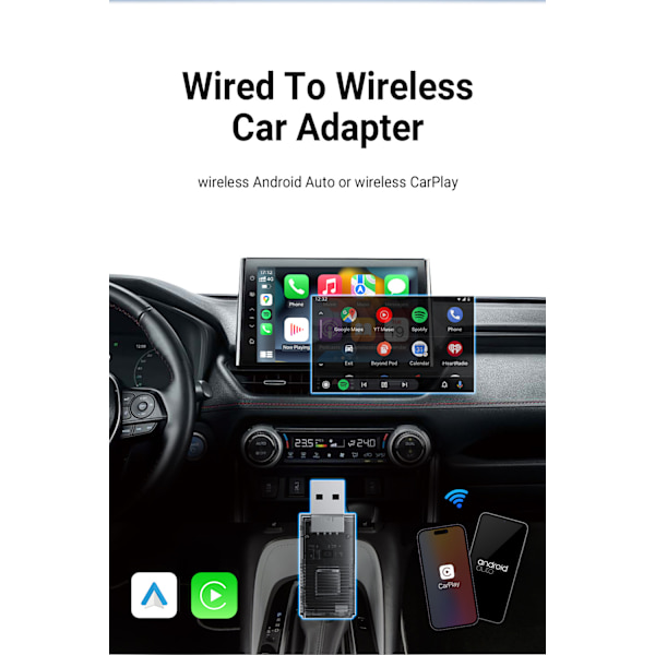 2 I 1 Trådløs CarPlay Android Auto Adapter, Kablet til trådløs carplay bilnavigationsforbindelsesboks Ottomotion Mini（Android auto）