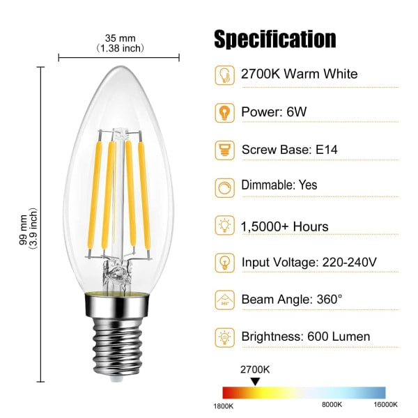6 E14 LED-lyskilde, 6W dimbar 600LM 2700K varm hvit