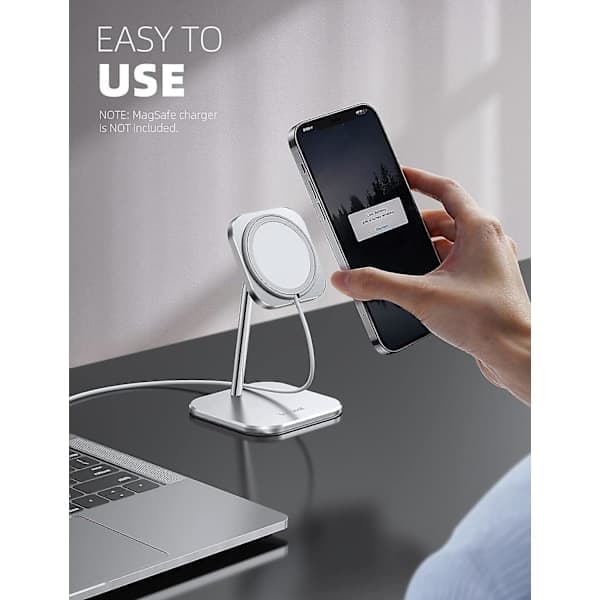 Telefonholder til MagSafe-oplader - Justerbart opladningsstativ i aluminium, skrivebordsdock med 360° rotation, kompatibel med Apple i...