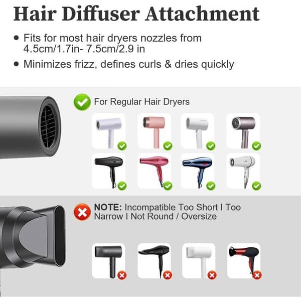 Universal hårtørrer-diffuser, justerbar diffuser til krøllet hår til diametre fra 4,3 cm til 7,4 cm, med massagebørste