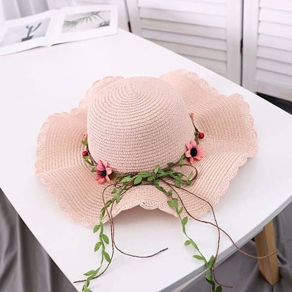 Dam Blommig Fällbar Floppy Bred Brätte Halm Solhatt Sommarhatt UPF 50+ Solskydd Hatt Strandmössa för Strandsemester Pink