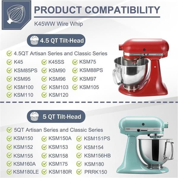 Mikser-tilbehør, fleksibel kantvisp, K45WW deigkrok, 6-tråds visp for KitchenAid, mikserdeler