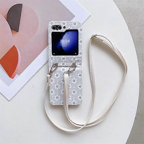 Til Samsung Galaxy Z Flip 6 etui, justerbar skrå rem etui, stilfuldt lille blomster telefon etui, foldbart etui gray