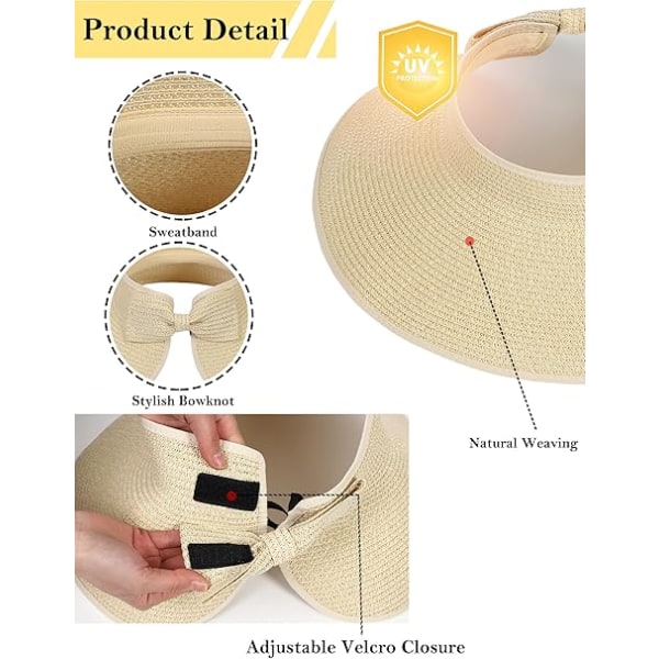 Dame Strand Solhatte af Halm Hestehale Hul Bred Skygge Sommer Visir Sammenfoldelig Hat Solbeskyttelse Pakbar til Rejse Pool Beige