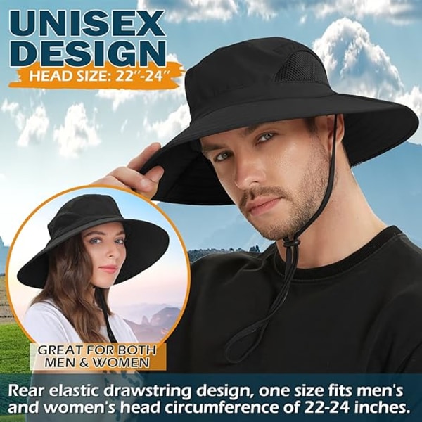 Unisex Solhat, Snug og Cosy, Vandtæt Bredskygget Bucket Hat Pakkelig Boonie Hat til Fiskeri Vandreture Havearbejde Safari Strand Black