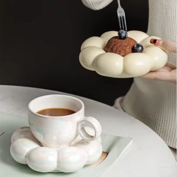 Keramisk blomma kaffemugg, kreativ söt kopp med molnsolrosunderlägg för kontor och hem, 6,5 oz/200 ml för te latte mjölk