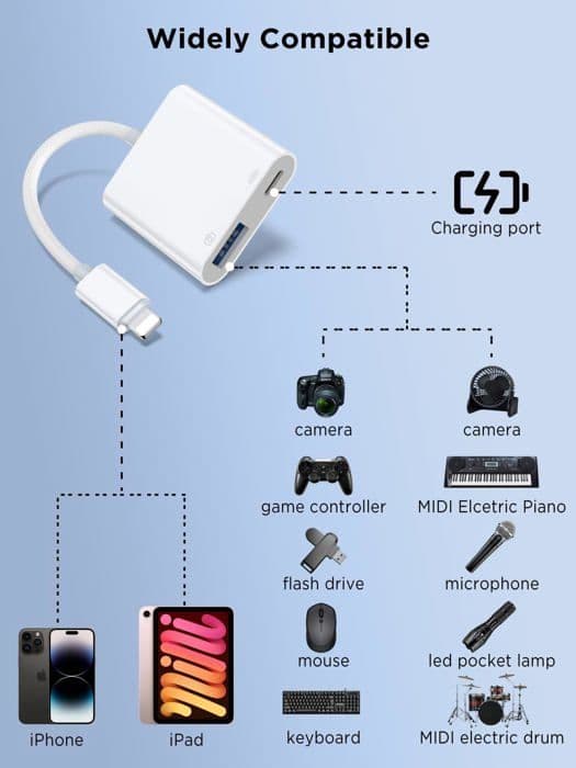 Lightning til USB OTG kameraadapter til iPhone/iPad, USB 3.0 han til USB hun-kabel, med opladningsport