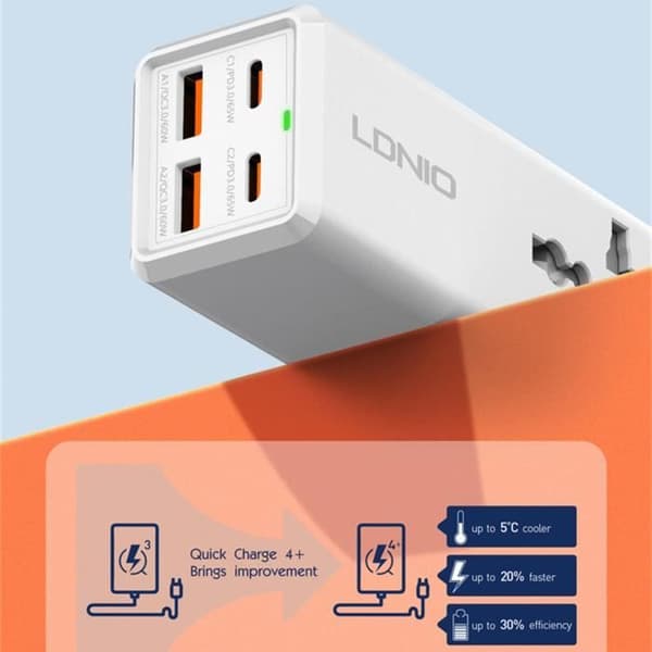 65W 4-portars USB-C-laddare för bärbar dator, kamera, mobiltelefon, snabbladdning