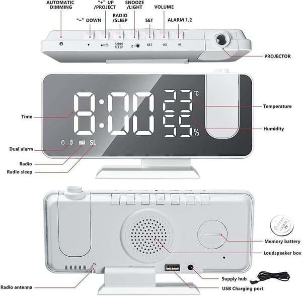LED-vekkerklokke digital med projeksjon 180 radiovekkerklokke