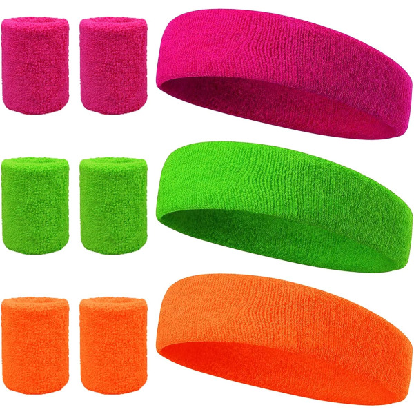 9pcs Headband and Wristbands Set Neon 80s Party Sweatbands Kit Sports Sweatband Head Band Wrist Bands Set for Kids Women Men Fun Run Fancy Accessories