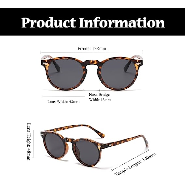 Retro Runde Polariserende Solbriller til Mænd og Kvinder, Vintage Polariserende Solbriller Klassiske Trendy Shades Unisex UV-beskyttelse Leopard / Grey