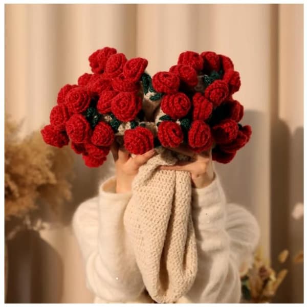 Hæklet rosebuket, håndlavet buket, DIY-tæppe, blødt og let romantisk roseblomstbuket - C