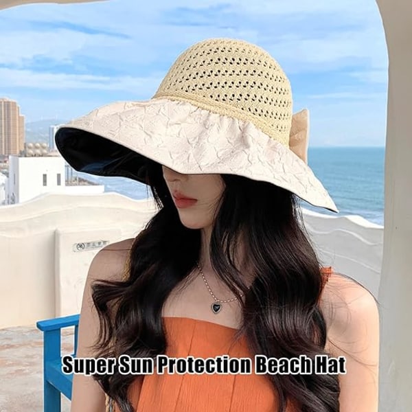 Dame Strand Solhat Bred Skygge Super Solbeskyttelse Solhat med Sort Gummi Solbeskyttelse UV Foldbar Justerbar Solhat Off White
