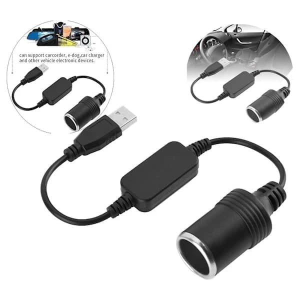 USB 5V til 12V Konverter, Strømforsyning til Fartskriver, USB til Cigarettænder Adapter Sort