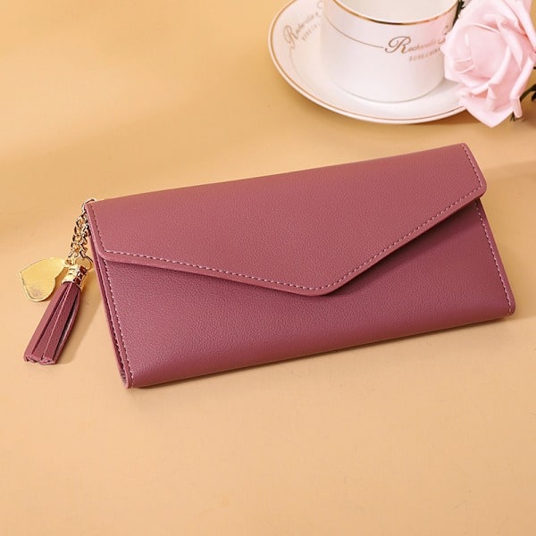 Damplånbok, Läder, Multi-kort, Liten plånbok med tofsar, Tredelad plånbok, Kortfodral, Myntväska Mörkrosa Lång Dark Pink Long