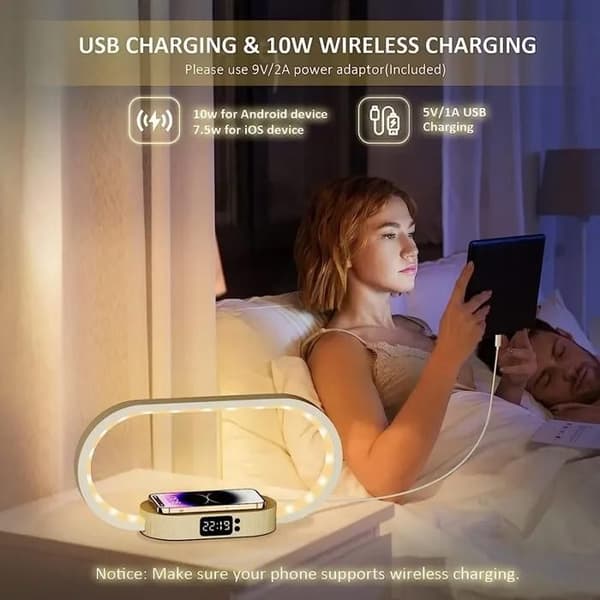 Multifunksjonell trådløs lader, klokkestativ, LED-bordlampe, nattlys, USB-port, hurtigladestasjon, for iPhone