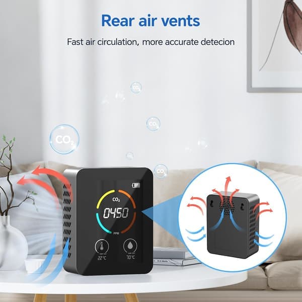 CO2-måler Multifunksjonell Termohygrometer Hjem Digital Luftdetektor Intelligent Luftkvalitetsmonitor, Svart