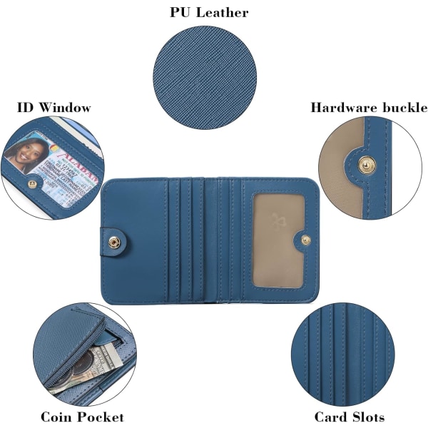 Kvinnors plånbok blockerande läder kompakt bi-fold plånbok för kvinna dragkedja myntficka liten dam plånbok med ID-fönster Denim Blue