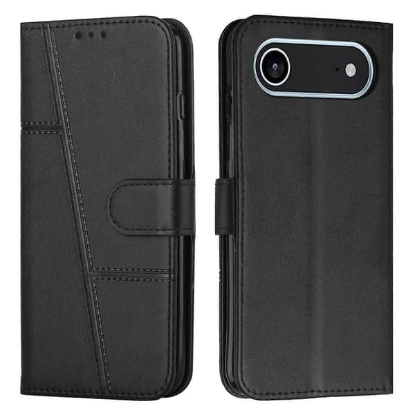 Kompatibel med iPhone 17 Air Læder Telefoncover Foldbart Stativ Pung Flip Cover med Rem - Sort-lingling}