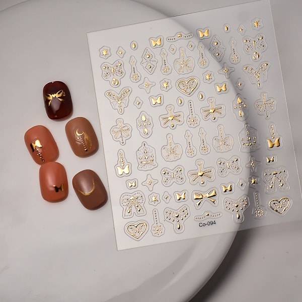 Guldpräglade nagelstickers med rosett, handmålade nagelstickers utan nagel, präglad frans, utsökt enfärgad