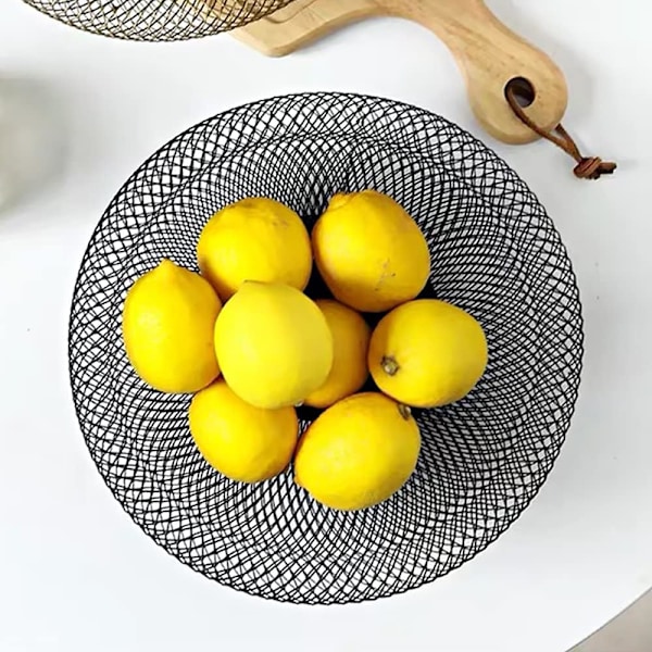Fruktkorg, Metallnät Fruktkorg, Fruktskål, Rund Guld Retro Järn, Snacksförvaring, för Köksbänkar Bord (Svart)
