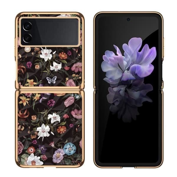 Mobilskal för Samsung Galaxy Z Flip 3 - retro blommönster i galvaniserat glas - Guld och Svart