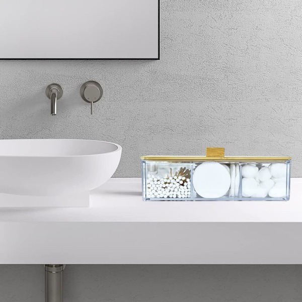 Akryl Q-tip Holder Dispenser med Trælåg, 3 Rum Bomuldsholder